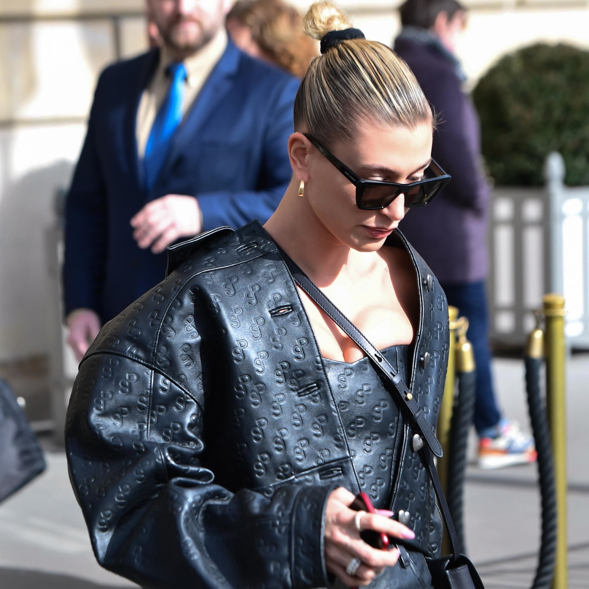 Hailey Bieber Takes Paris in an Oversized Leather Jacket and
