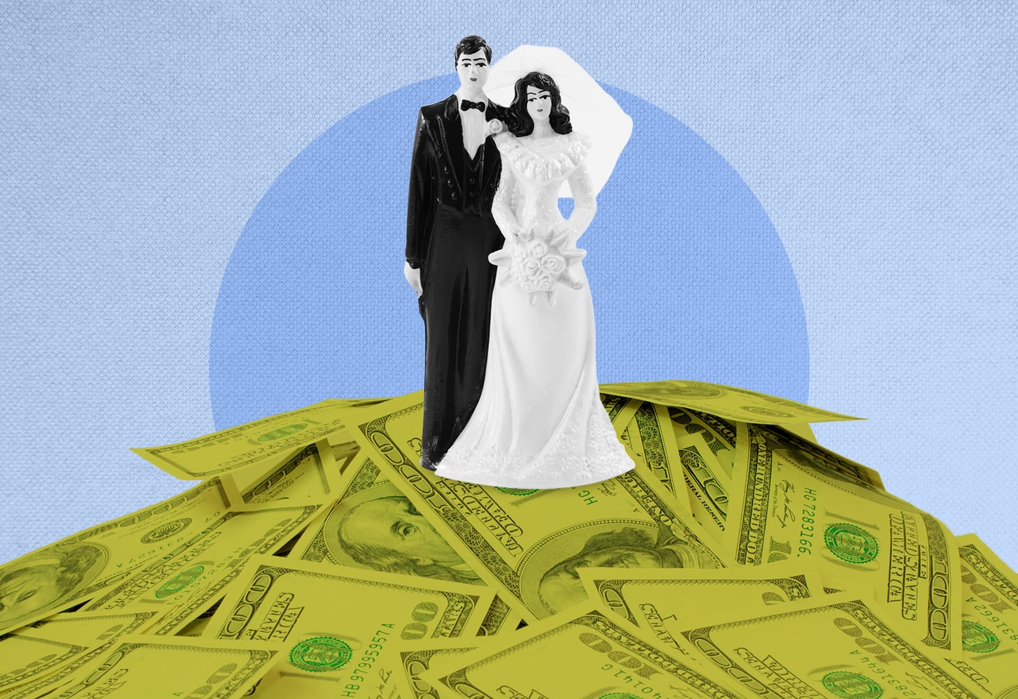 A married couple stands on a pile of money signifying their debt.