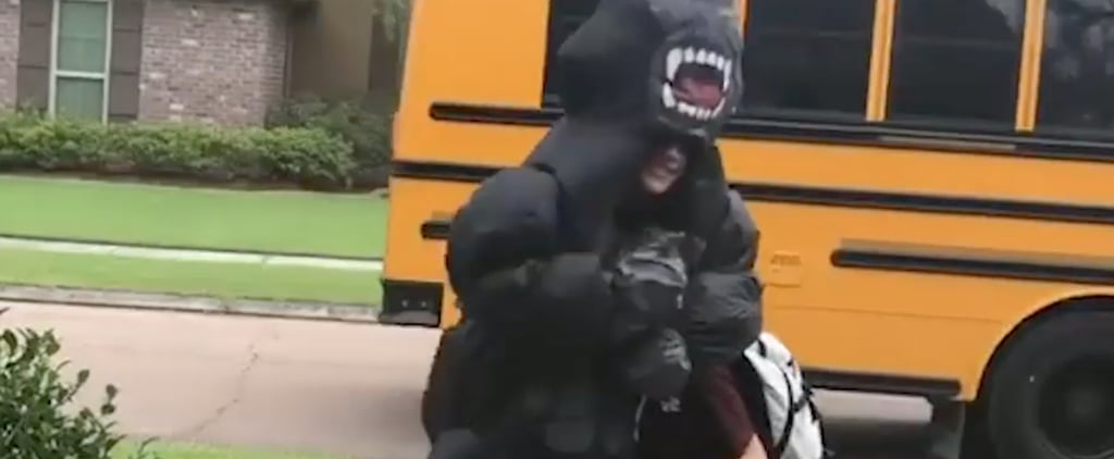 Teen Greets His Brother at the Bus in Costumes