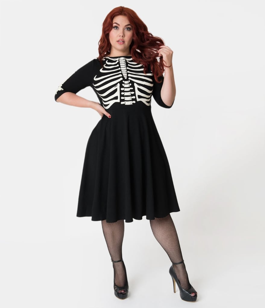 Unique Vintage Plus Size Black Skeleton Bones Graves Swing Dress