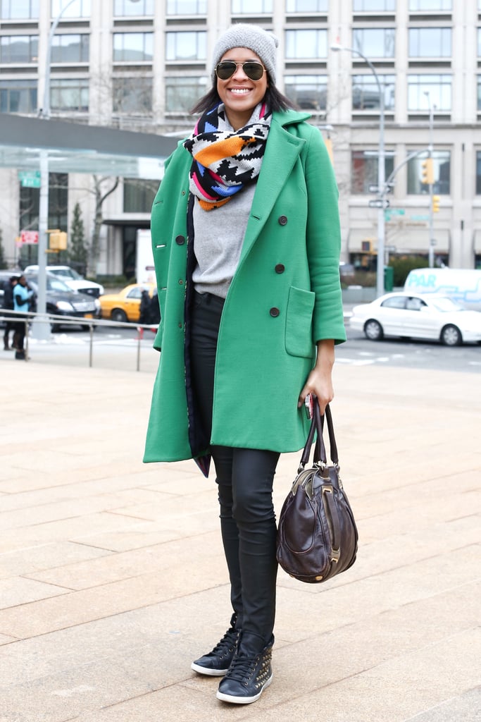 A bright coat looked even brighter with a playful snood.
A bright coat looked even brighter with a playful snood.