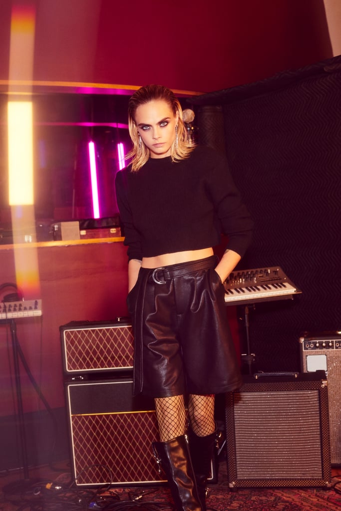 Cara Delevingne Sunday Girl Cropped Sweater and Cara Delevingne Doom or Destiny Faux-Leather Shorts