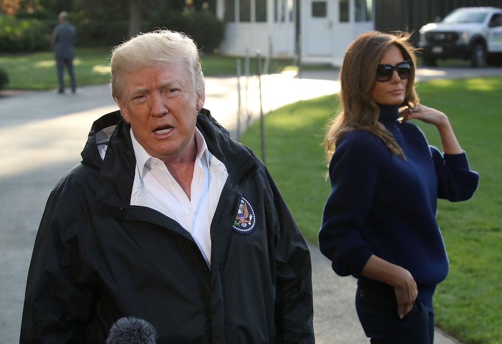 Melania wore a pair of tortoise lenses with a navy blue Victoria Beckham sweater to depart from the White House in October 2017 for Puerto Rico, where she visited victims of Hurricane Maria.