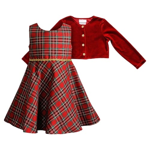Youngland Plaid Taffeta Dress & Velvet Shrug Set
