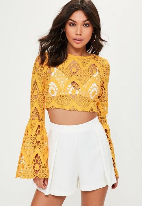 Missguided Yellow Lace Flare Cuff Crop Top