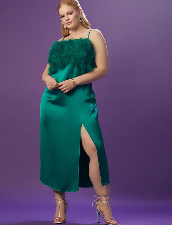 An Emerald Gem: Eloquii Feather Bodice Satin Dress