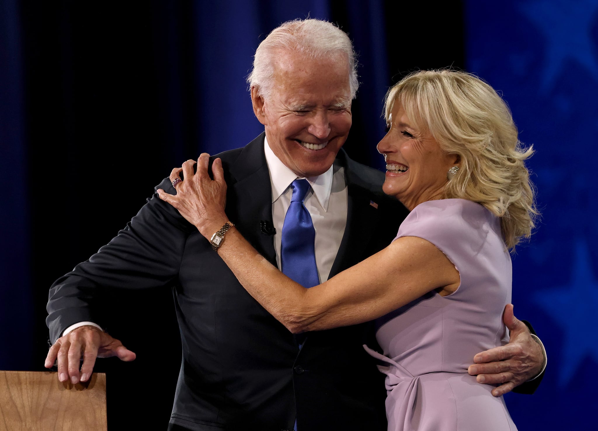 WILMINGTON, DELAWARE - AUGUST 20: : Democratic presidential nominee Joe Biden greets his wife Dr. Jill Biden on the fourth night of the Democratic National Convention from the Chase Centre on August 20, 2020 in Wilmington, Delaware. The convention, which was once expected to draw 50,000 people to Milwaukee, Wisconsin, is now taking place virtually due to the coronavirus pandemic. (Photo by Win McNamee/Getty Images)