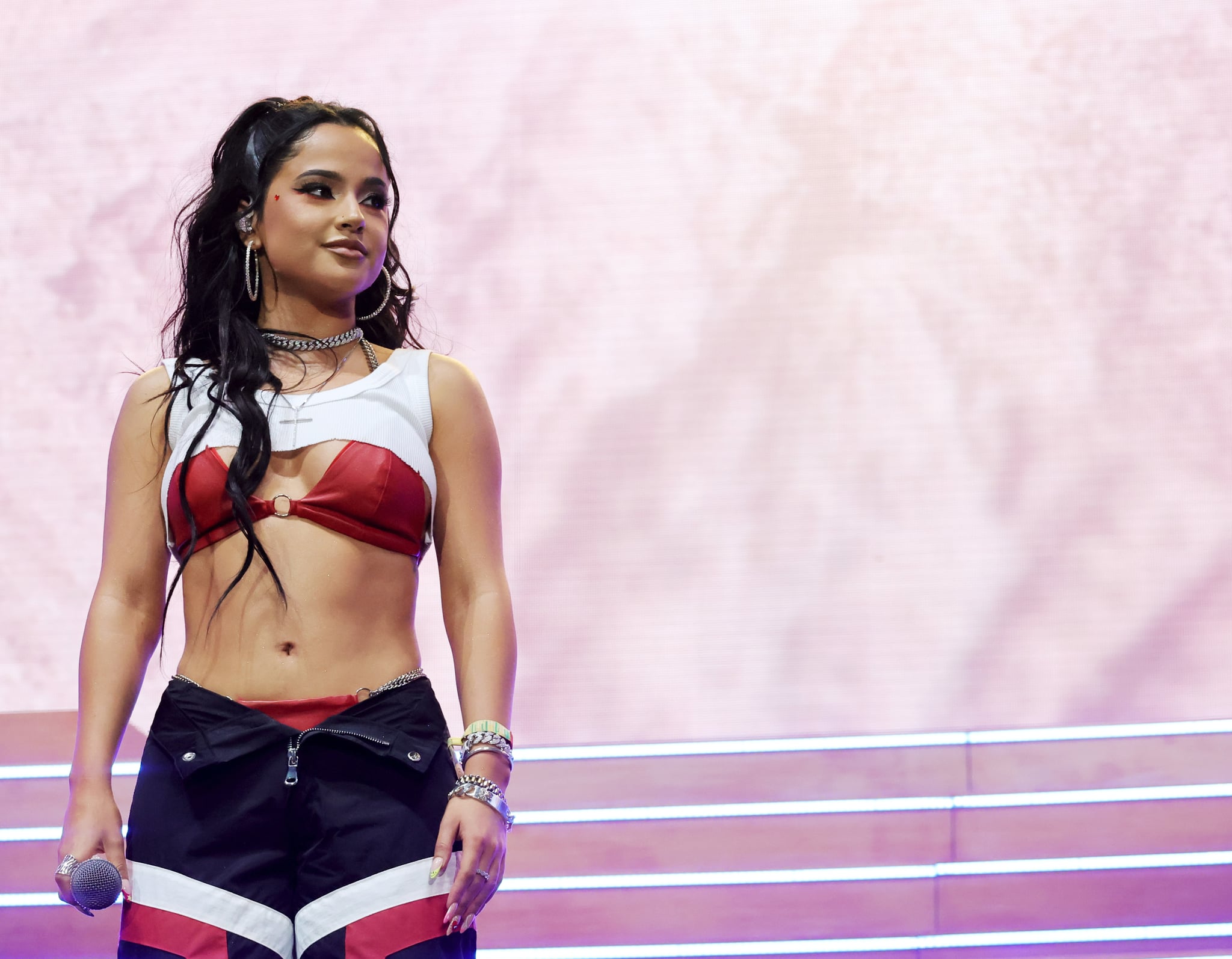 INDIO, CALIFORNIA - APRIL 17: Becky G performs with Karol G onstage at the Coachella Stage during the 2022 Coachella Valley Music And Arts Festival on April 17, 2022 in Indio, California. (Photo by Kevin Winter/Getty Images for Coachella)