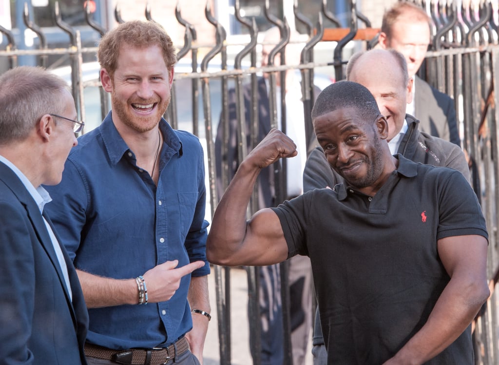 Harry visited the Community Recording Studio at Russell Youth Center in Nottingham in October, where manager Trevor Rose made the prince laugh as he showed him his impressive muscles.