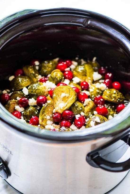 Slow Cooker Brussels Sprouts With Maple Syrup, Cranberries and Feta