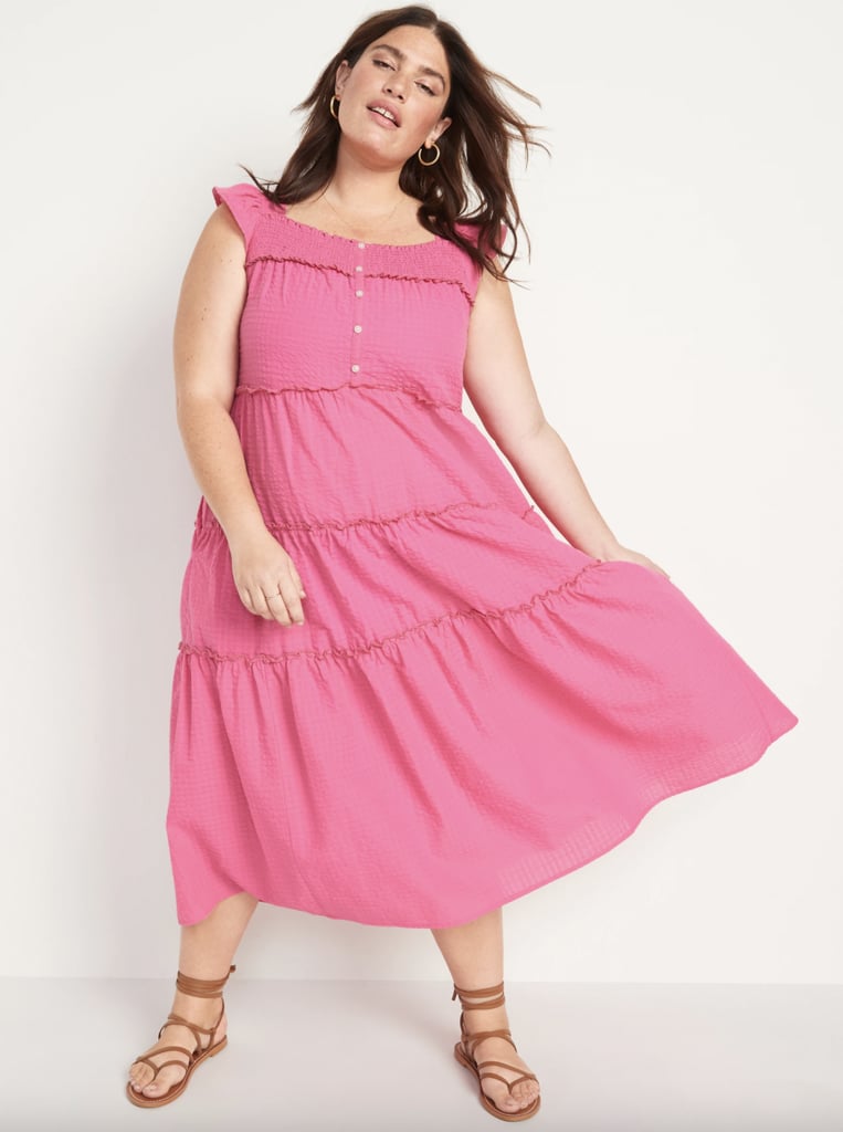 Old Navy Flutter-Sleeve Printed Tiered Smocked Midi Swing Dress