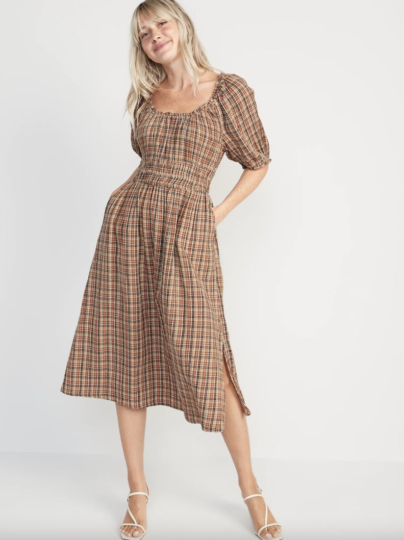 Old Navy Waist-Defined Puff-Sleeve Plaid Midi Dress