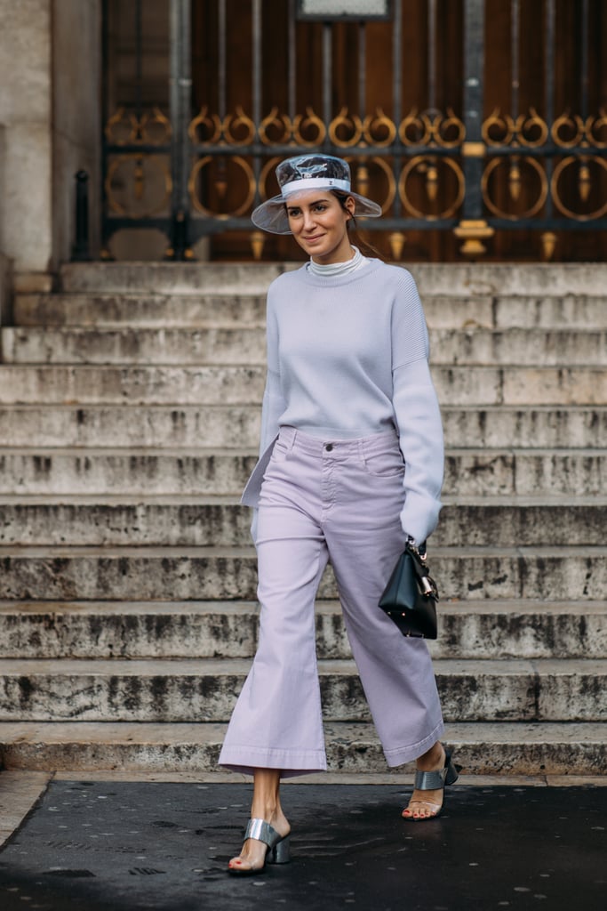 Attract eyes down South when you work metallic and Lucite mules with a light color like lavender.