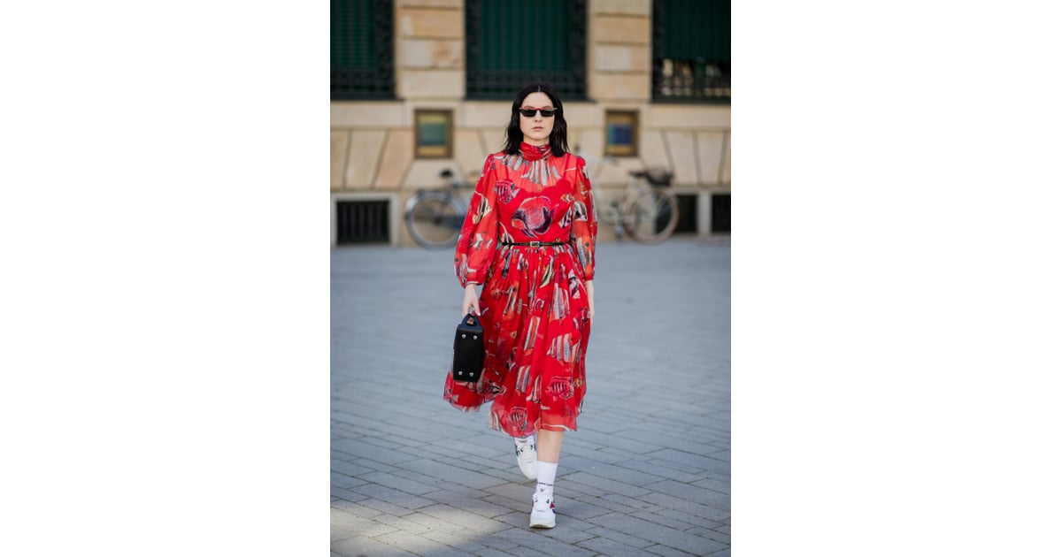 red dress and white sneakers