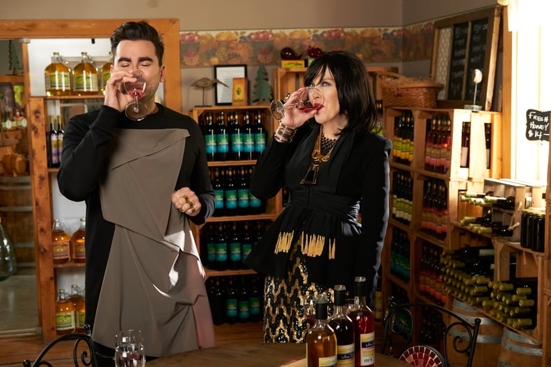 David Rose's Draped Mixed-Material Sweater on "Schitt's Creek"