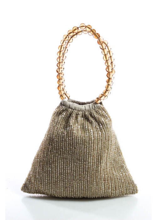 Moyna Beige Beaded Detail 2 Top Handle Small Mini Open Satchel Handbag ($39)