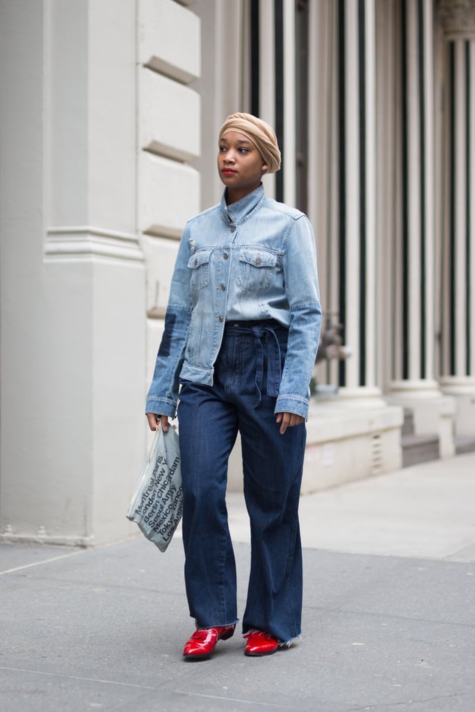Keep it denim on denim, but add a splash of color by way of a bright pair of red shoes.