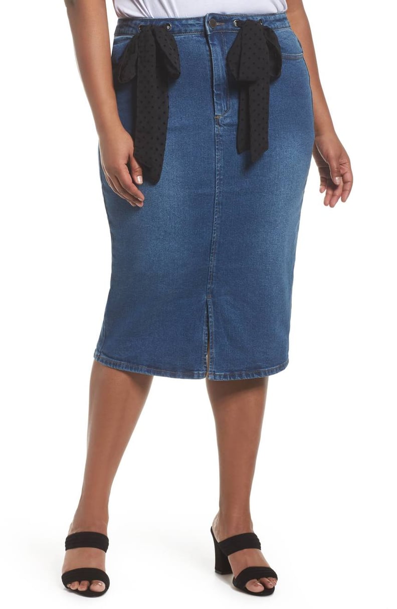 Lost Ink Denim Pencil Skirt With Dobby Ties