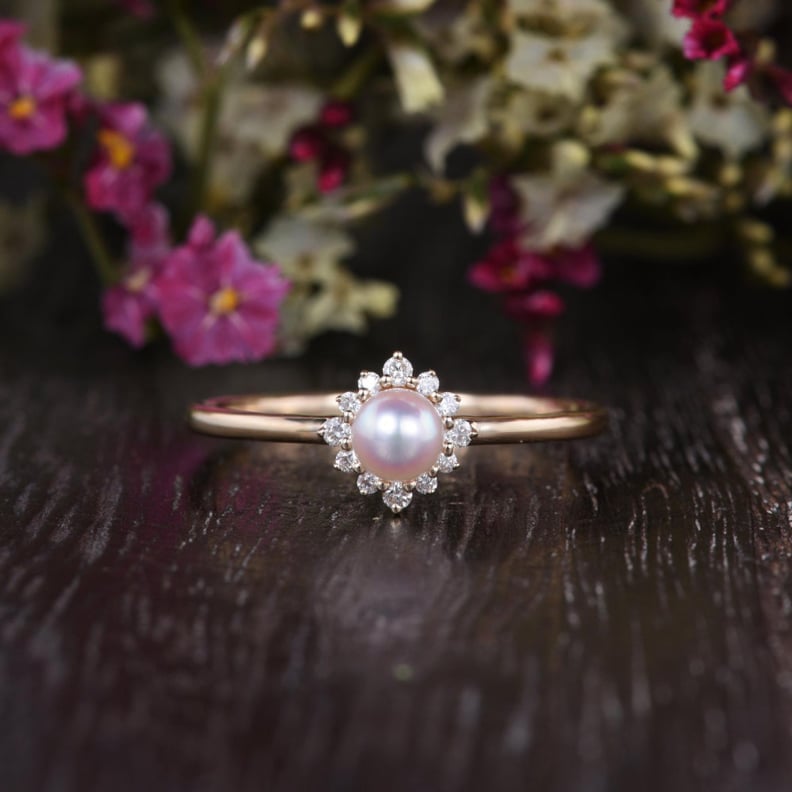 Akoya Pearl Engagement Ring With Flower Halo
