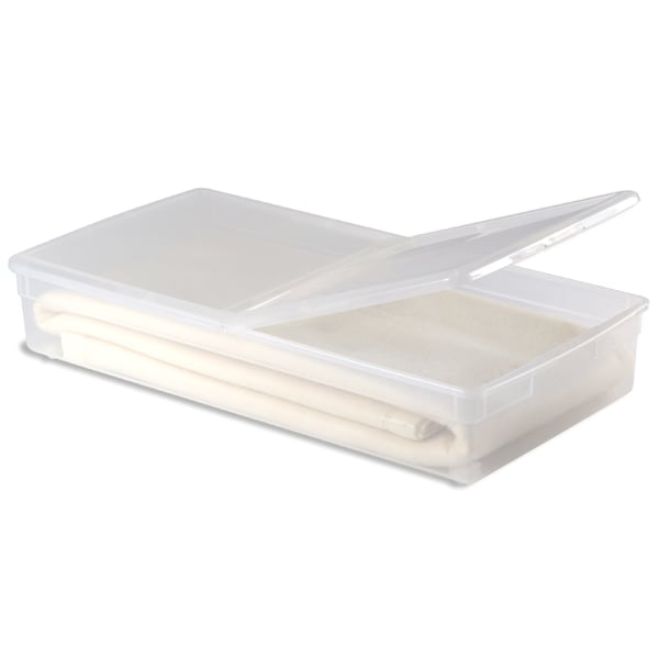 For storing seasonal or occasional-use items, you'll want something more heavy-duty, like this plastic box with wheels ($25). The hard case keeps items safe, while the plastic cover protects them from dust.