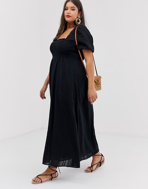 ASOS DESIGN Curve shirred bustier maxi dress with puff sleeve