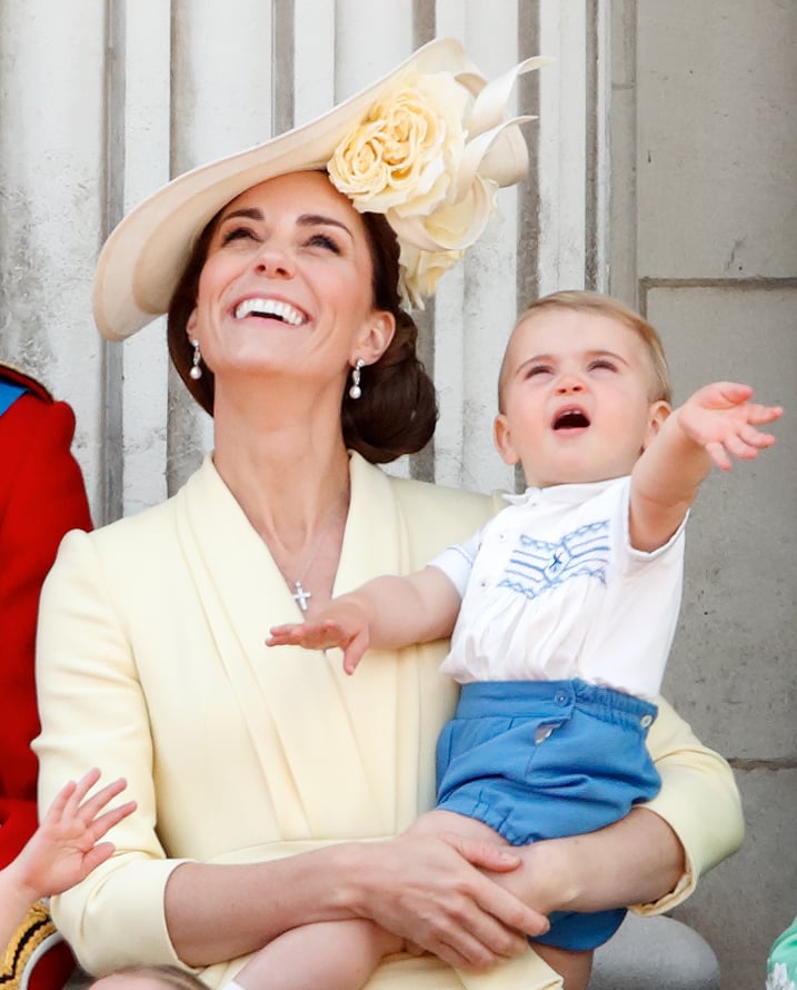 LONDON, UNITED KINGDOM - JUNE 08: (EMBARGOED FOR PUBLICATION IN UK NEWSPAPERS UNTIL 24 HOURS AFTER CREATE DATE AND TIME) Catherine, Duchess of Cambridge and Prince Louis of Cambridge watch a flypast from the balcony of Buckingham Palace during Trooping The Colour, the Queen's annual birthday parade, on June 8, 2019 in London, England. The annual ceremony involving over 1400 guardsmen and cavalry, is believed to have first been performed during the reign of King Charles II. The parade marks the official birthday of the Sovereign, although the Queen's actual birthday is on April 21st. (Photo by Max Mumby/Indigo/Getty Images)