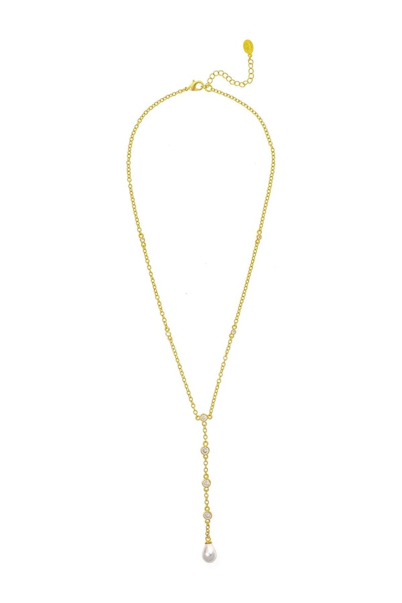 Rivka Friedman 18K Gold Clad CZ Pearl Drop Y Necklace