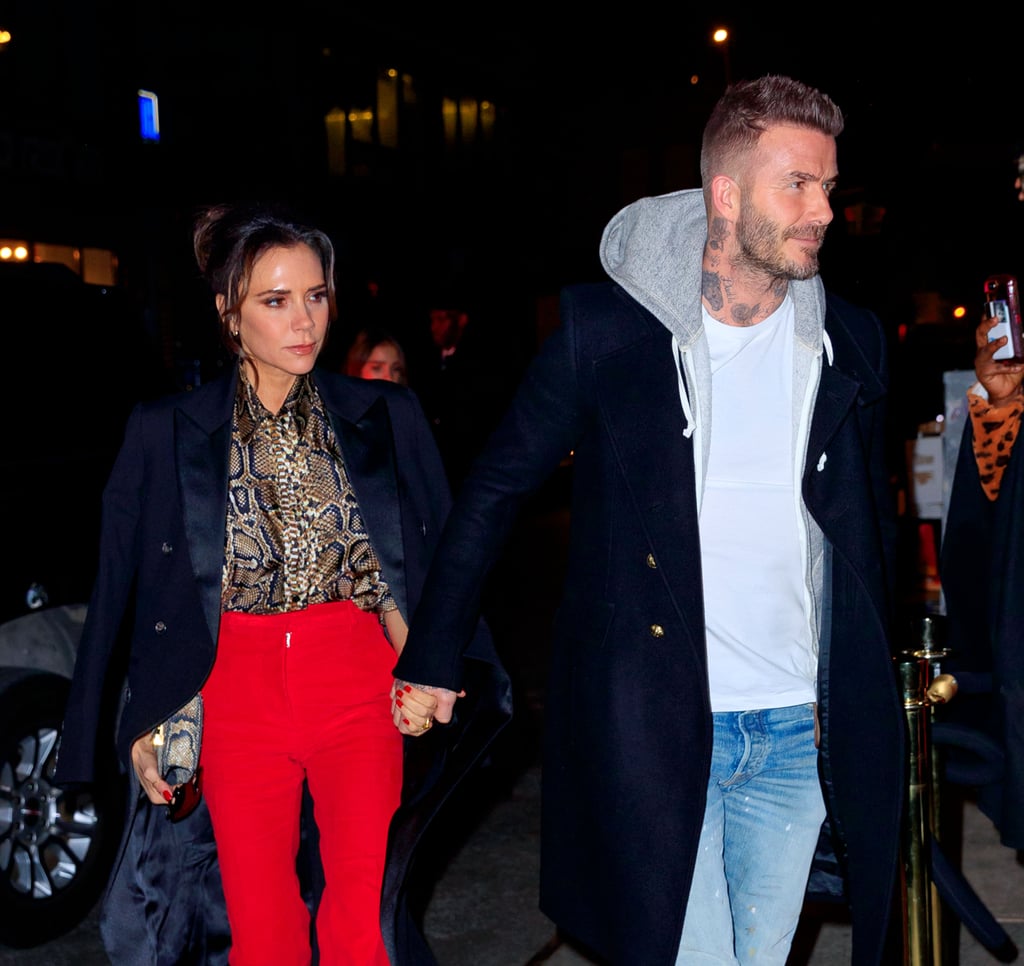 Victoria Beckham Red Pants and Snakeskin Blouse January 2019