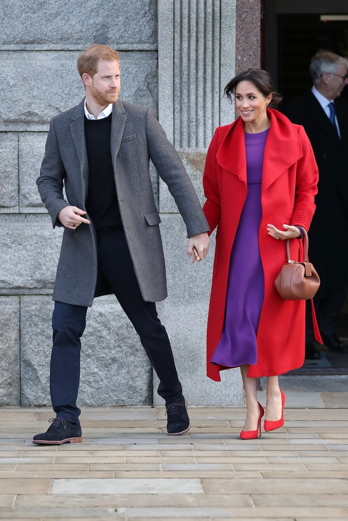 Meghan Markle Red and Purple Outfit Birkenhead January 2018