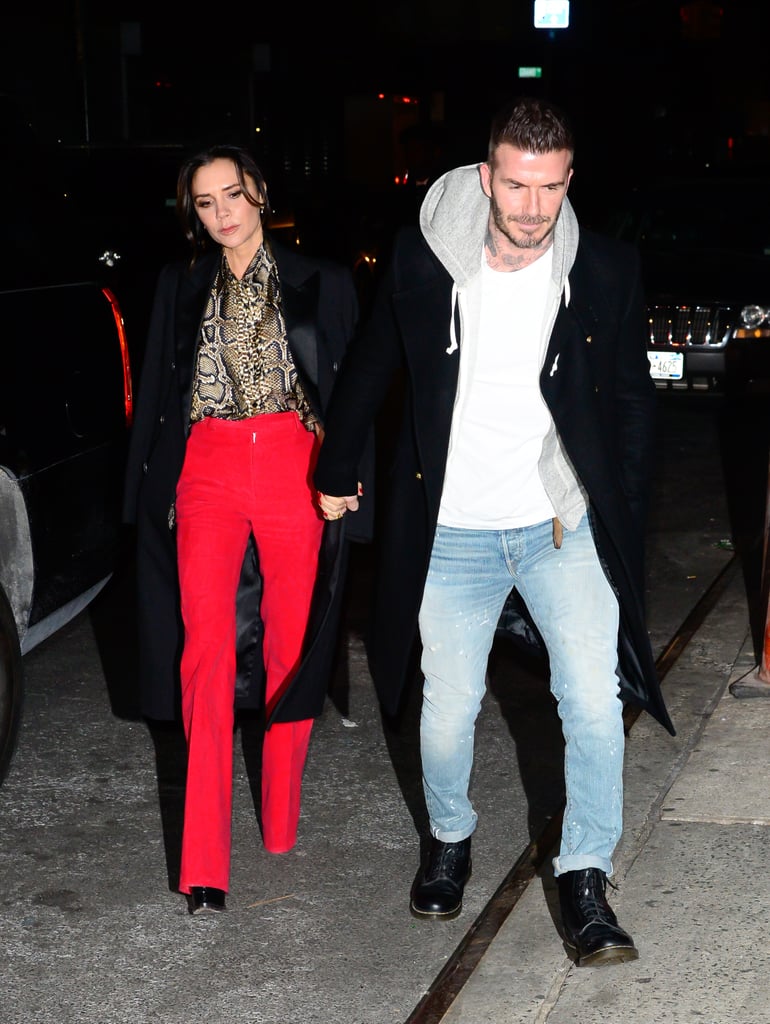 Victoria Beckham Red Pants and Snakeskin Blouse January 2019