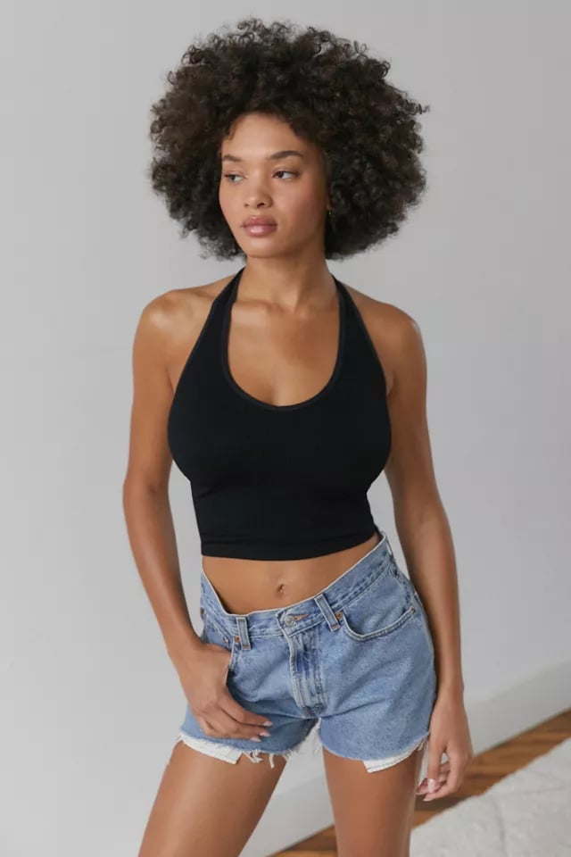 Out From Under Jackie Seamless Halter Bra Top, Lori Harvey Styles a  Plunging Halter Top With Shield Sunglasses