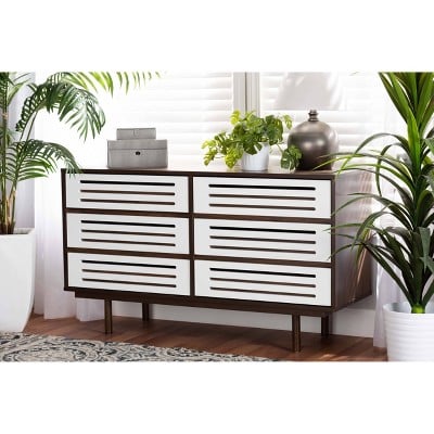 Baxton Studio 6 Drawer Wood Dresser and Meike Two-Tone (Walnut/White)