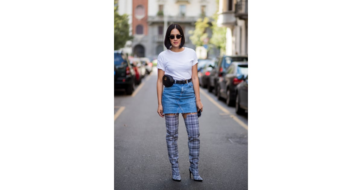 denim skirt and thigh high boots