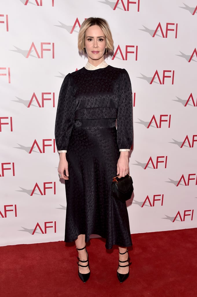 Sarah Paulson slipped into an understated Maison Mayle dress and strappy Tamara Mellon heels.