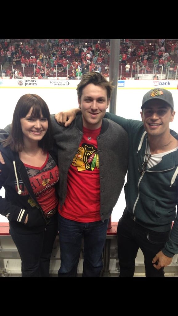 Christian Madsen caught a hockey game offset with costars Amy C. Newbold and Theo James. (Note Four's Divergent tattoo on Theo's neck!)
Source: Twitter user cmadsen8
