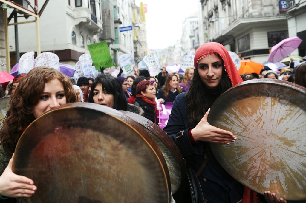 Women played drums during a march through Istanbul on International Women's Day.