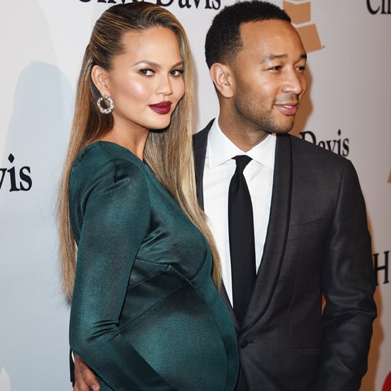 Chrissy Teigen Wearing a Teal Dress at Pre-Grammys Party