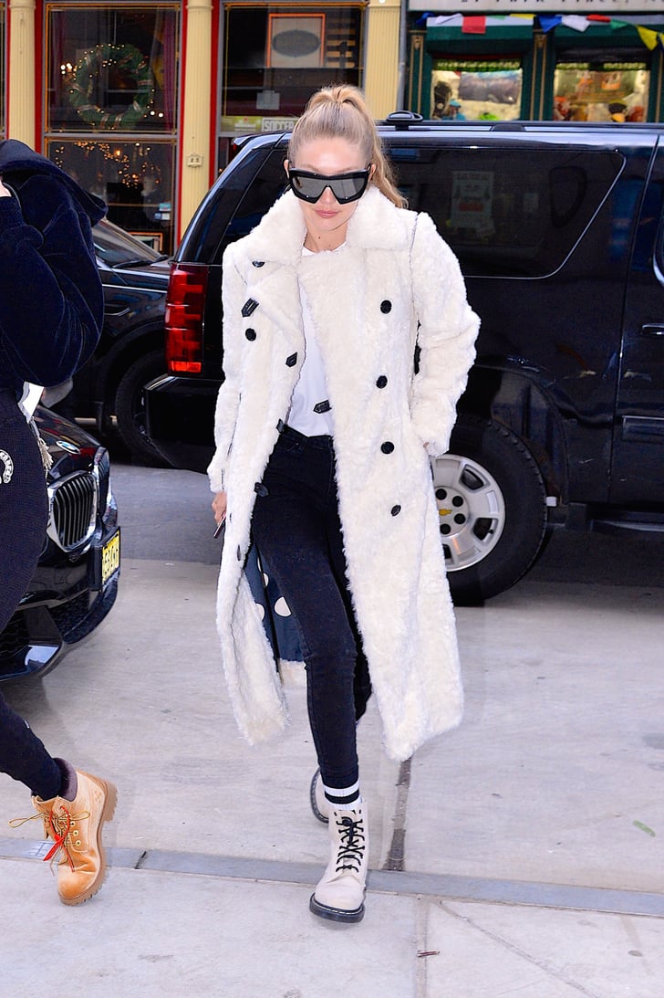 Gigi Hadid White Furry Coat Popsugar Fashion