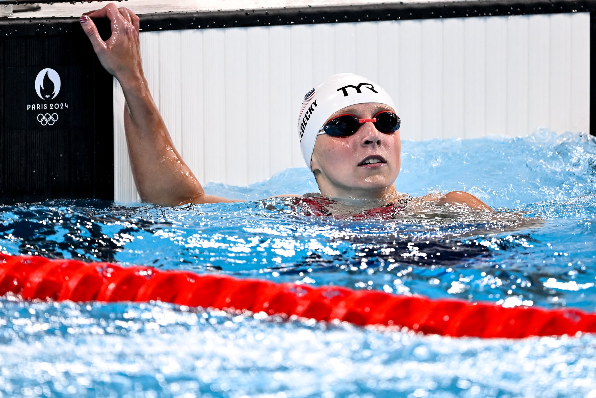 Katie Ledecky of United States of America reacts after competing in the swimming 400m Freestyle Women Heats during the Paris 2024 Olympic Games at La Defense Arena. Paris (France), July 27th, 2024. (Photo by DBM/Insidefoto/Mondadori Portfolio via Getty Images)