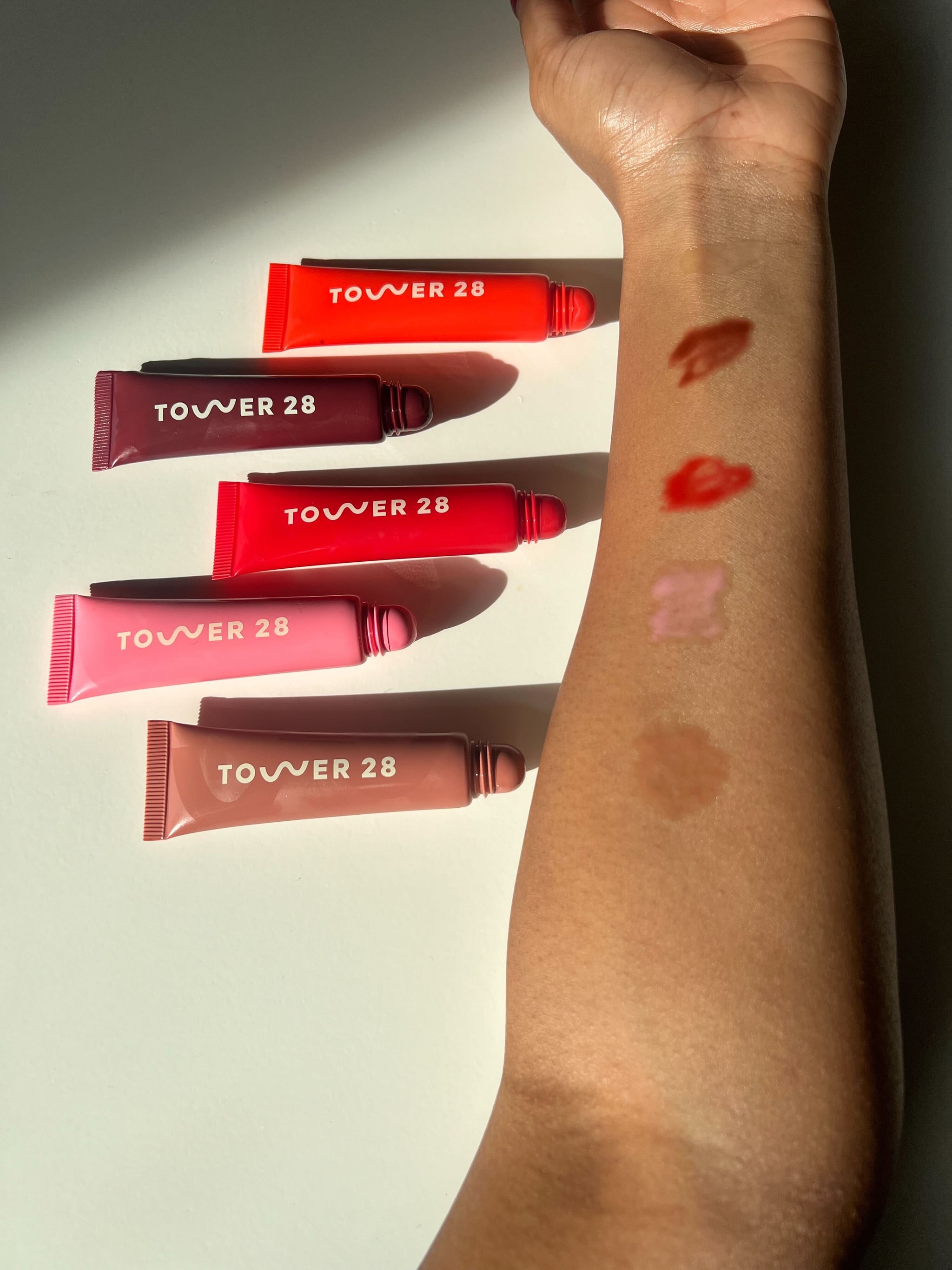 Tower 28 LipSoftie Lip Balm colour swatches.