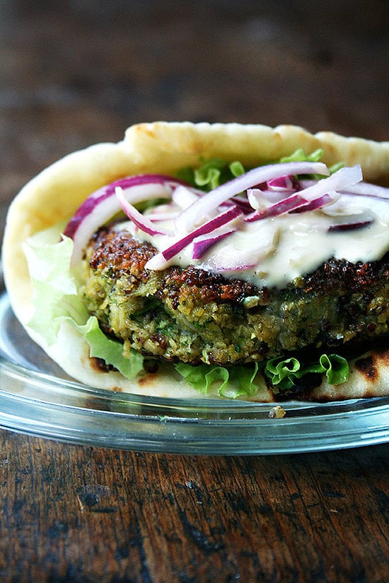 Quinoa-Chickpea Burgers With Pickled Onions and Tahini Sauce