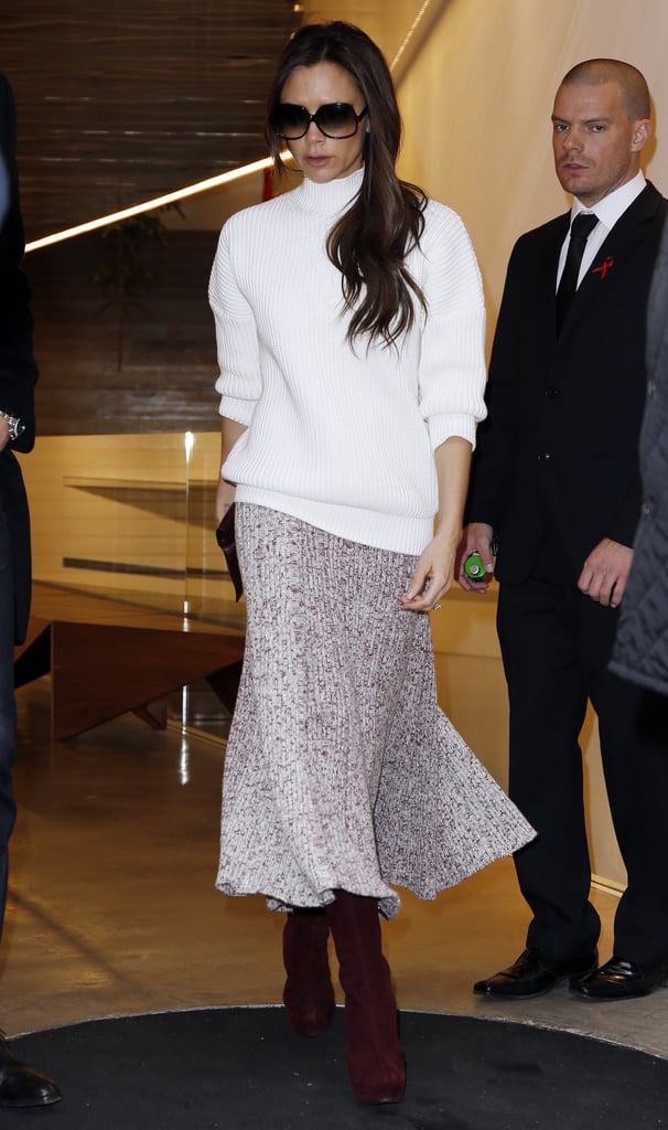 Wearing a White Cable-Knit Sweater and Midi Skirt