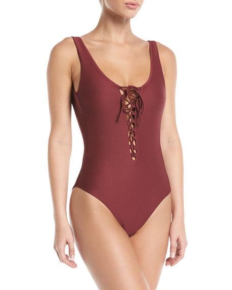 Onia Bridget Lace-Up Textured One-Piece Swimsuit