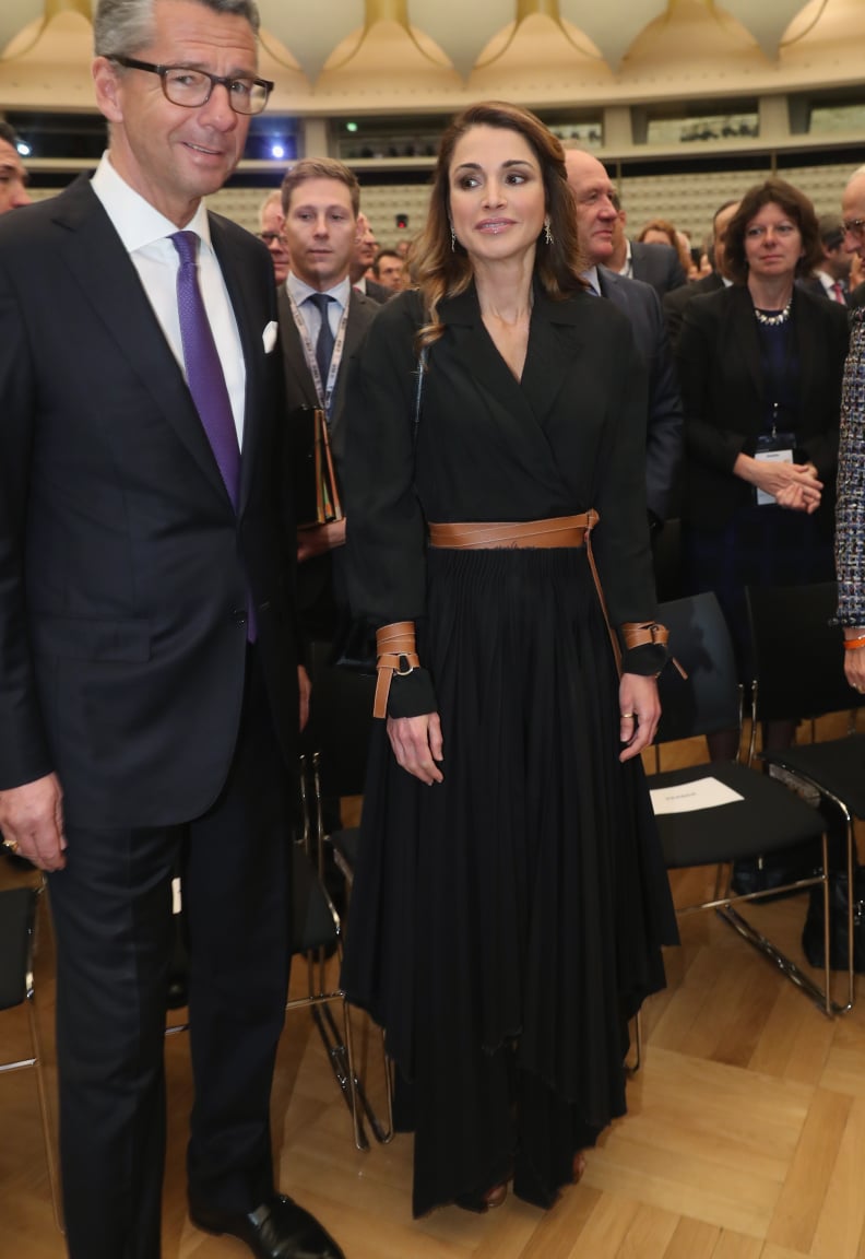 Queen Rania Wore a Wraparound Belt and Matching Bracelets in Germany