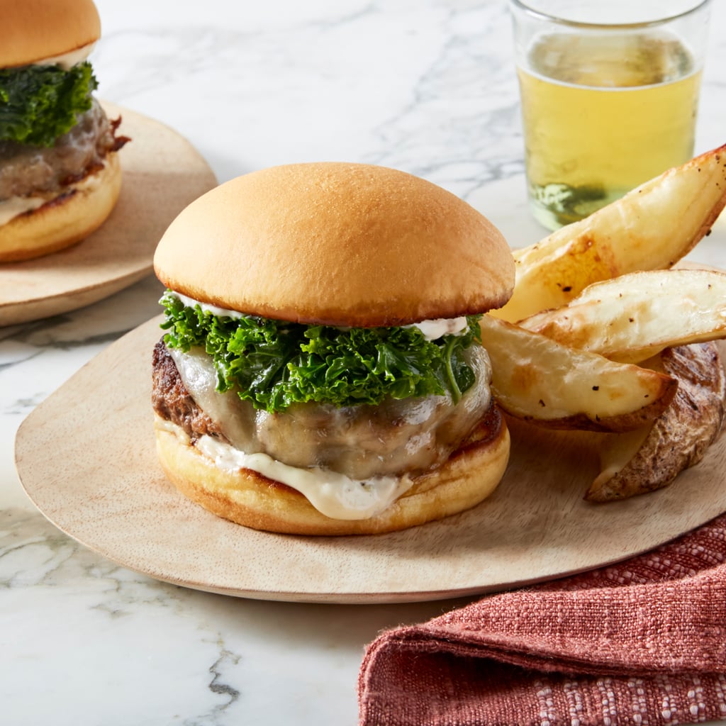 Provolone Cheeseburgers and Marinated Kale With Rosemary Roasted Potatoes