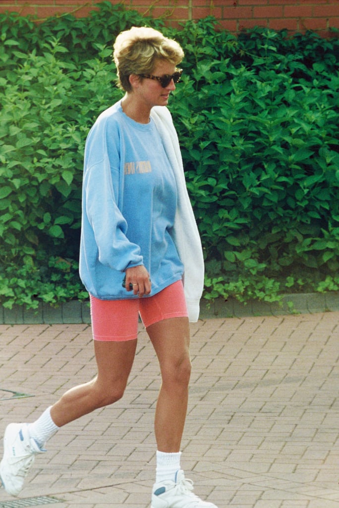 Princess Diana also wore the same peach cycling shorts with a blue sweatshirt and white trainers.