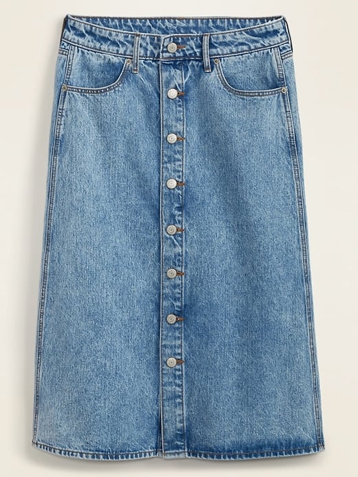 High-Waisted Button-Front Midi Jean Skirt