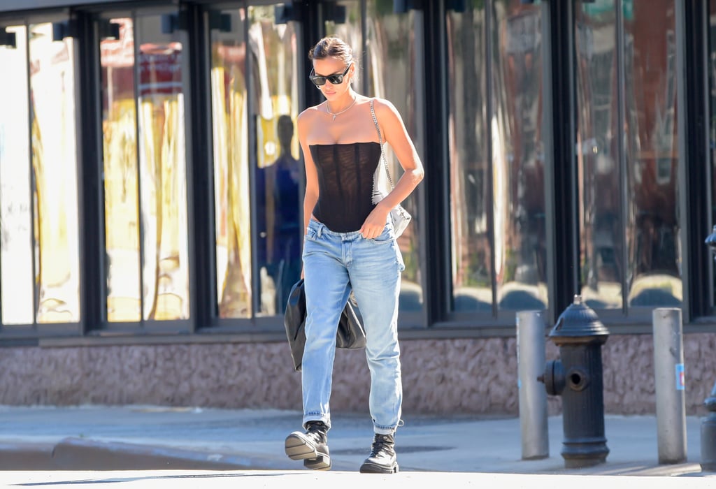 Irina Shayk Wearing Corset Top and Low-Rise Jeans in NYC