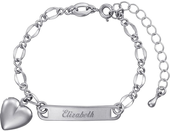Personalized Silver over Brass Girls Engraved ID with Heart Charm Bracelet