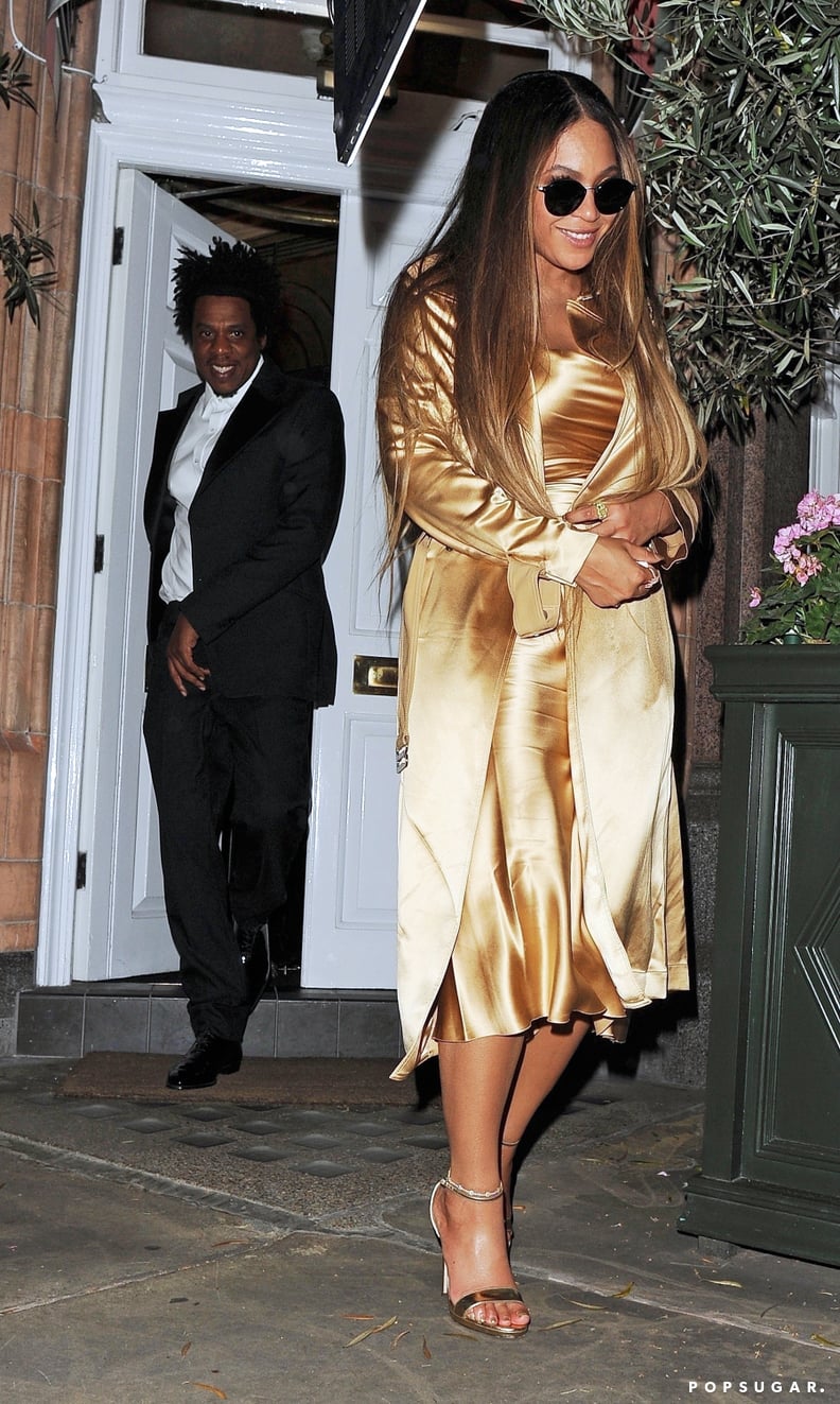 Beyoncé Gold Dress and Trench Coat With JAY-Z in London | PS Fashion